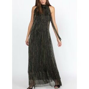 Johnny Was Moonstone Pleated Maxi Dress Multi Color Shimmer Plisse Bow Neck S
